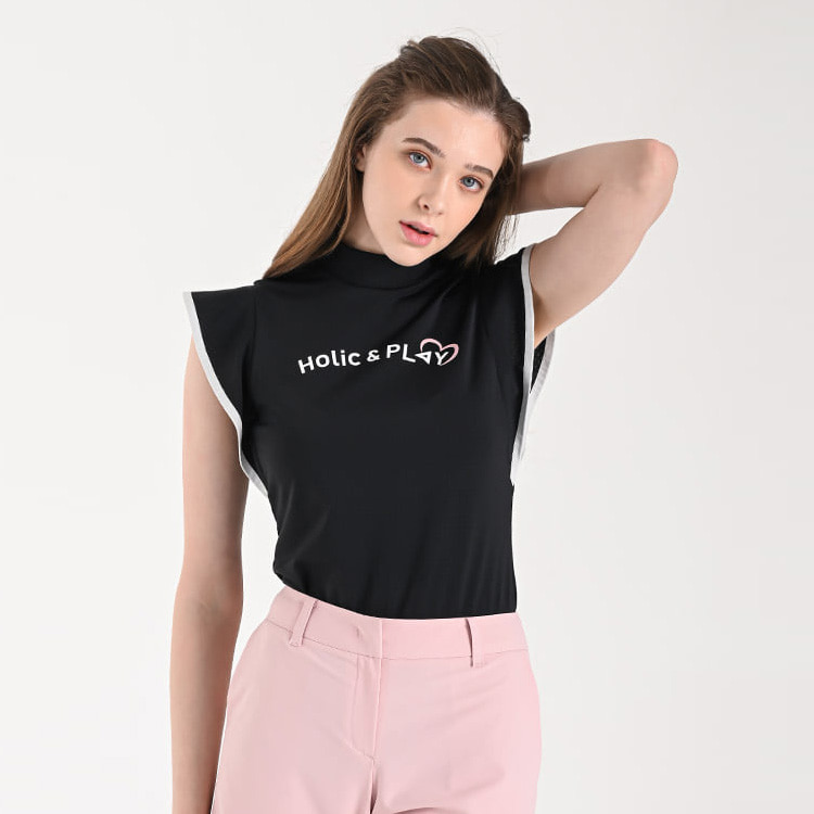 [HOL] 홀릭앤플레이 여성 배색 러플 숏소매 하이넥 티셔츠 HC2WTS017BK